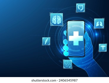 Telemedicine medical technology background through smartphone showing medical icons Shows basic treatment of illnesses with a doctor, talking, and videoconferencing. to inquire about symptoms