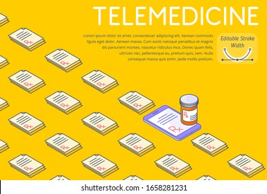 Telemedicine and medicine 3d line isometric template. A lot of paper Rx prescriptions, one on a phone screen, orange pill bottle on a smartphone. Horizontal layout vector concept illustration. 