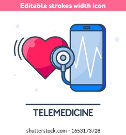 The telemedicine, medicine outline icon. Linear symbol of  of smart phone with pulse line on the screen. The smartphone, stethoscope, heart concept vector illustration with editable strokes width.