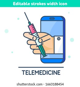 Die Telemedizin, die Medizin umreißt Symbol. Lineares Symbol für Smartphone, Arzthand, die eine Spritze mit Impfstoff hält. Das Online-Impfkonzept, Vektorillustration mit bearbeitbaren Streichbreiten