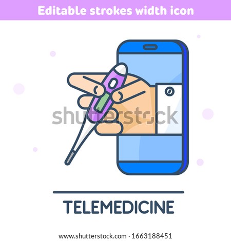 The telemedicine, medicine outline icon. Linear symbol of smartphone, doctor's hand holding a thermometer. The online measurement of temperature concept vector illustration with editable strokes width
