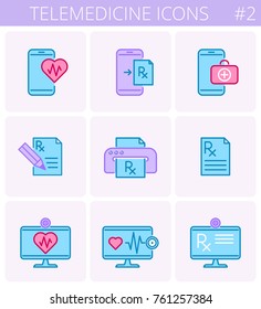 Telemedicine, medicine vector outline icon set. Mobile phone and heartbeat symbol. Tele exam icon. Smart phone and first aid kit symbol. Desktop computer monitor with prescription Rx document icon.