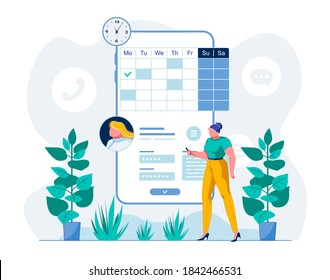 Telemedicine Mobile App User Flat illustration. Patient Scheduling Meeting with Doctor Online Cartoon Character. Woman Making Appointment with Therapist via Smartphone Telehealth Application