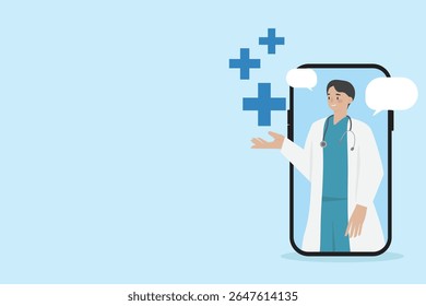 Telemedicine, Modern healthcare apps with doctors, medical Concept for Telehealth, health tech ads, digital health blogs, and online medical service with copy space vector flat illustration.