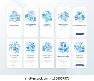 Telemedicine onboarding mobile app page screen with concepts set. Health improvement technologies walkthrough 10 steps graphic instructions. UI vector template with RGB color illustrations
