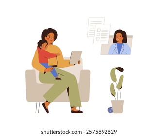 Telemedicine and online appointment. Mother with child and doctor have video call. Podiatrist provides remote consultation with young woman and baby, recommendation and prescription for medication