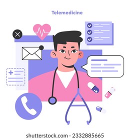Telemedicine. Online consultation with a doctor. Remote medical treatment by videocalling on a device. Medical worker video chat. Flat vector illustration