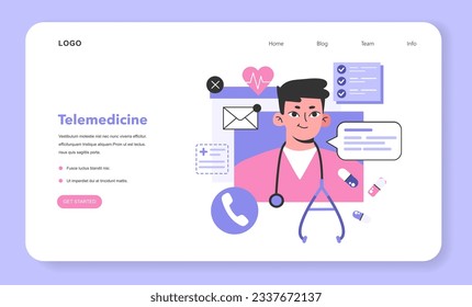 Telemedicine. Online consultation with a doctor. Remote medical treatment by videocalling on a device. Medical worker video chat. Flat vector illustration