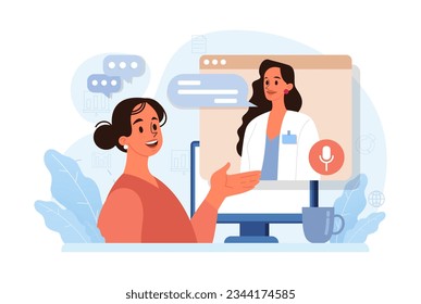 Telemedicine. Online consultation with a doctor. Remote medical treatment by videocalling on a device. Medical worker video chat. Flat vector illustration