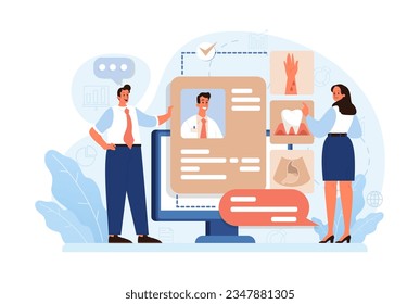 Telemedicine. Online consultation with a doctor. Remote medical treatment by videocalling on a device. Medical worker video chat. Flat vector illustration