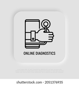 Telemedicine. Online diagnostics thin line icon: hand with stethoscope from screen of smartphone. Modern vector illustration of online medical consultant.