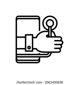 Telemedicine. Online diagnostics thin line icon: hand with stethoscope from screen of smartphone. Modern vector illustration of online medical consultant.