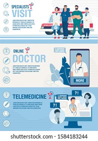 Telemedicine, Online Doctor Call and Medical Specialist Home Visit. Header Banners Set Trendy Flat Design. Internet Healthcare Services Advertising. Search and Talk to Medic Staff. Vector Illustration