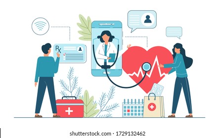 Telemedicine, Online Doctor, Medical Service Online for Patients. Vector illustration Online medical concept. Medical Consultation by Internet with Doctor. Telemedicine concept, Healthcare service.