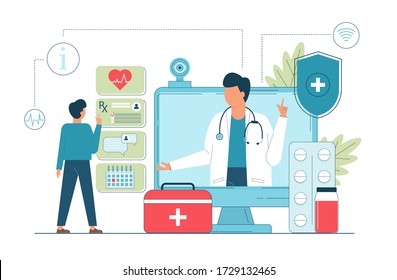 Telemedicine, Online Doctor, Medical Service Online for Patients. Vector illustration Online medical concept. Medical Consultation by Internet with Doctor. Telemedicine concept, Healthcare service.