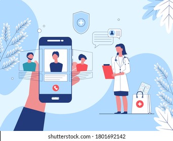 Telemedicine, Online Doctor, Medical Service Online for Patients. Vector illustration Online medical landing page. Medical Consultation by Internet with Doctor. Telemedicine concept Healthcare service