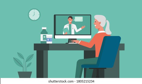 telemedicine, online healthcare and medical consultation and support services concept, senior woman using computer video call conferencing to doctor online, flat vector illustration