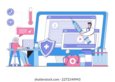 Telemedicine, online healthcare and support services concept. Senior woman consultation with using his computer. Outline design style minimal vector illustration for landing page, hero images.
