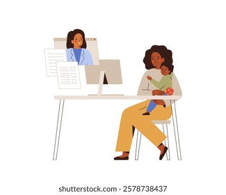 Telemedicine and online medical appointment. Black Mother with child and doctor have video call. pediatrician remote consultation with young woman and baby, recommendation