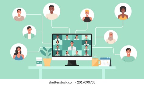 telemedicine, online medical consultation and support services concept, group of doctors connecting with patients via computer, flat vector illustration