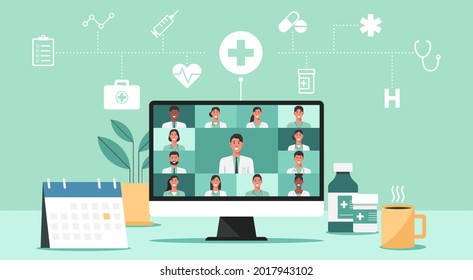 telemedicine, online medical consultation and support services concept, virtual healthcare with doctors connecting together via computer with icon, video conference, flat vector illustration