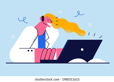 Telemedicine, online medical help concept. Pleasant smiling young female doctor physician wearing headset cartoon character looking at laptop screen and giving medical advices to client online