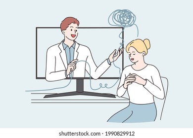Telemedicine And Online Medical Support Concept. Young Woman Cartoon Character Sitting And Getting Medical Support From Virtual Doctor Online From Remote Visit Vector Illustration 