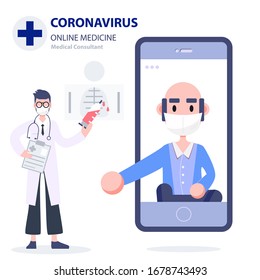 Telemedicine. Online medicine. Medical consultant concept. People wearing mask fight covid-19. Coronavirus outbreak pandemic. Healthcare Science Flat design abstract people. Vector illustration