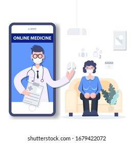 Telemedicine. Online medicine. Medical consultant concept. People wearing mask fight covid-19. Coronavirus outbreak pandemic. Healthcare Science Flat design abstract people. Vector illustration