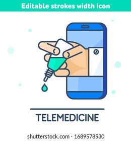 The telemedicine, online medicine outline icon. Doctor's hand holds a plastic dropper bottle with nasal drops. Virus vaccination and therapy concept vector illustration with editable strokes width.