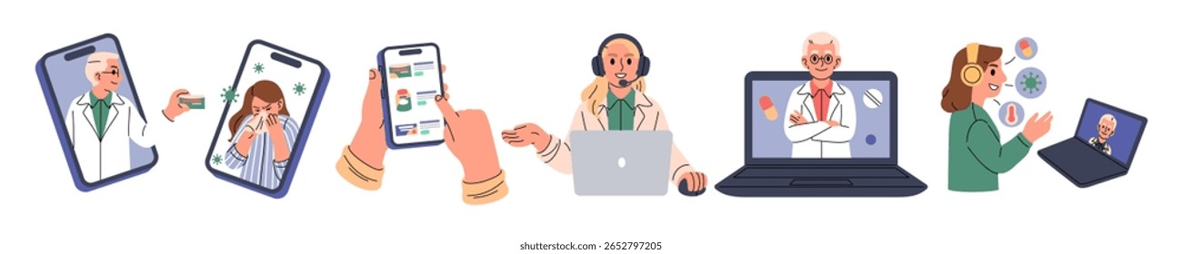 Telemedicine online. Web meeting doctor. Health care through phone. Digital communication with hospital. Medicine character. Internet physician consultation. Laptop screen. Vector cartoon concepts set