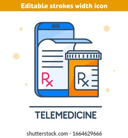 The telemedicine outline icon. Linear symbol of smartphone, Rx prescription from the screen, orange pill bottle. Modern medical technologies concept vector illustration with editable strokes width.