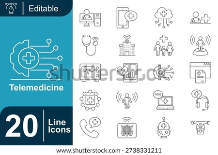telemedicine outline icon set designed with thin consistent strokes, illustrating online doctor visits, medical apps, remote diagnostics, hospital networks and digital healthcare tools.