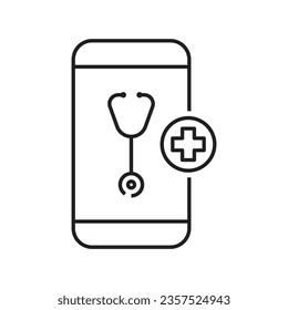 Telemedicine Outline Icon With Smartphone Symbol, Doctor, Chat Symbol, Stethoscope Sign, Healthcare And Medical Design Elements, Online Treatment With Video Call, Online Consulting Icon Vector