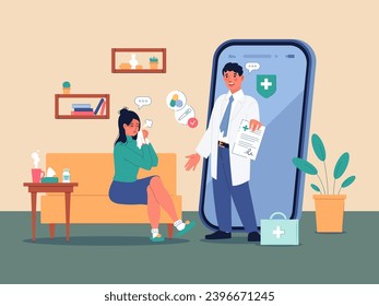 Telemedicine people. Male doctor observes patient on video link, online consultation, virtual examination, medical mobile app, huge smartphone, room interior. Vector cartoon flat concept