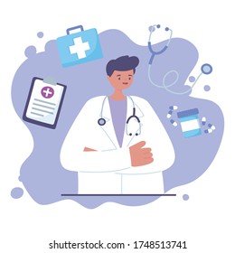 telemedicine, physician with stethoscope professional medical healthcare vector illustration