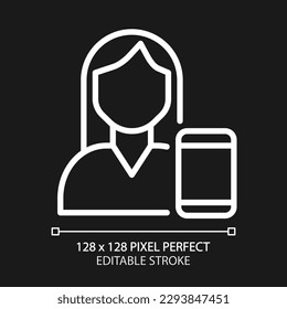 Telemedicine pixel perfect white linear icon for dark theme. Online doctor consultation. Telehealth technology. Health care. Thin line illustration. Isolated symbol for night mode. Editable stroke