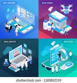 Telemedicine remote health service 4 isometric colorful compositions square with online laboratory mobile smart devices vector illustration 
