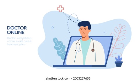 
Telemedicine service concept illustration, doctors make online diagnosis and treatment of diseases through a computer