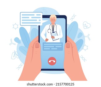 Telemedicine service via smartphone 2D vector isolated illustration. Online medicine flat first view hand on cartoon background. Patient care colourful scene for mobile, website, presentation