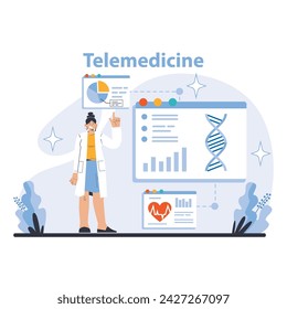 Telemedicine Services concept. Healthcare professionals offer virtual consultations. Access to medical data and analysis online. Flat vector illustration.