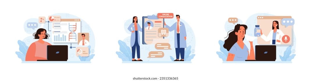 Telemedicine set. Online consultation with a doctor. Remote medical treatment by videocalling on a device. Medical worker video chat. Flat vector illustration