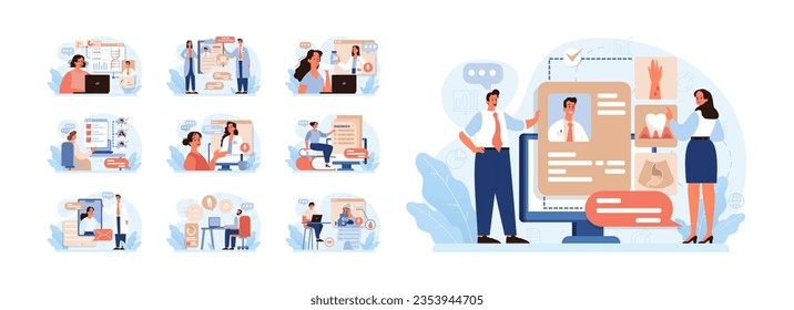 Telemedicine set. Online consultation with a doctor. Remote medical treatment by videocalling on a device. Medical worker video chat. Flat vector illustration