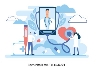 Telemedicine. Smart Phone Doctor. Medical Diagnostic, Online Medicine, Virtual Health Care Consultation App Service. Stethoscope Heart. Mobile Aid, Team Characters People,. Abstract Design Graphic