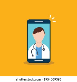 Telemedicine, smart phone with doctor on screen.