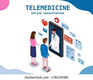 Telemedicine smartphone concept characters family doctor and patients wife and husband consultation diagnosis by internet. Online doctor service. Isometry icons, vector illustration isolated