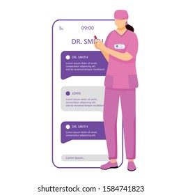 Telemedicine smartphone vector app screen. Online consultation with gynecologist. Mobile phone displays with cartoon characters design mockup. Remote doctor appointment application telephone interface