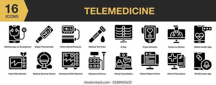 Telemedicine solid icon set. Includes telemedicine, patient, technology, health, clinic, and More. Solid icons vector collection.