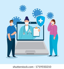 telemedicine technology with doctor female in laptop with people vector illustration design