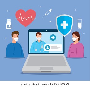 telemedicine technology with doctor in laptop and people vector illustration design